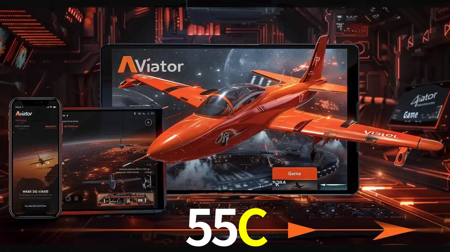 Apresentação tecnológica do jogo Aviator com um avião saindo da tela de um tablet, demonstrando a experiência imersiva em múltiplos dispositivos no 55C.