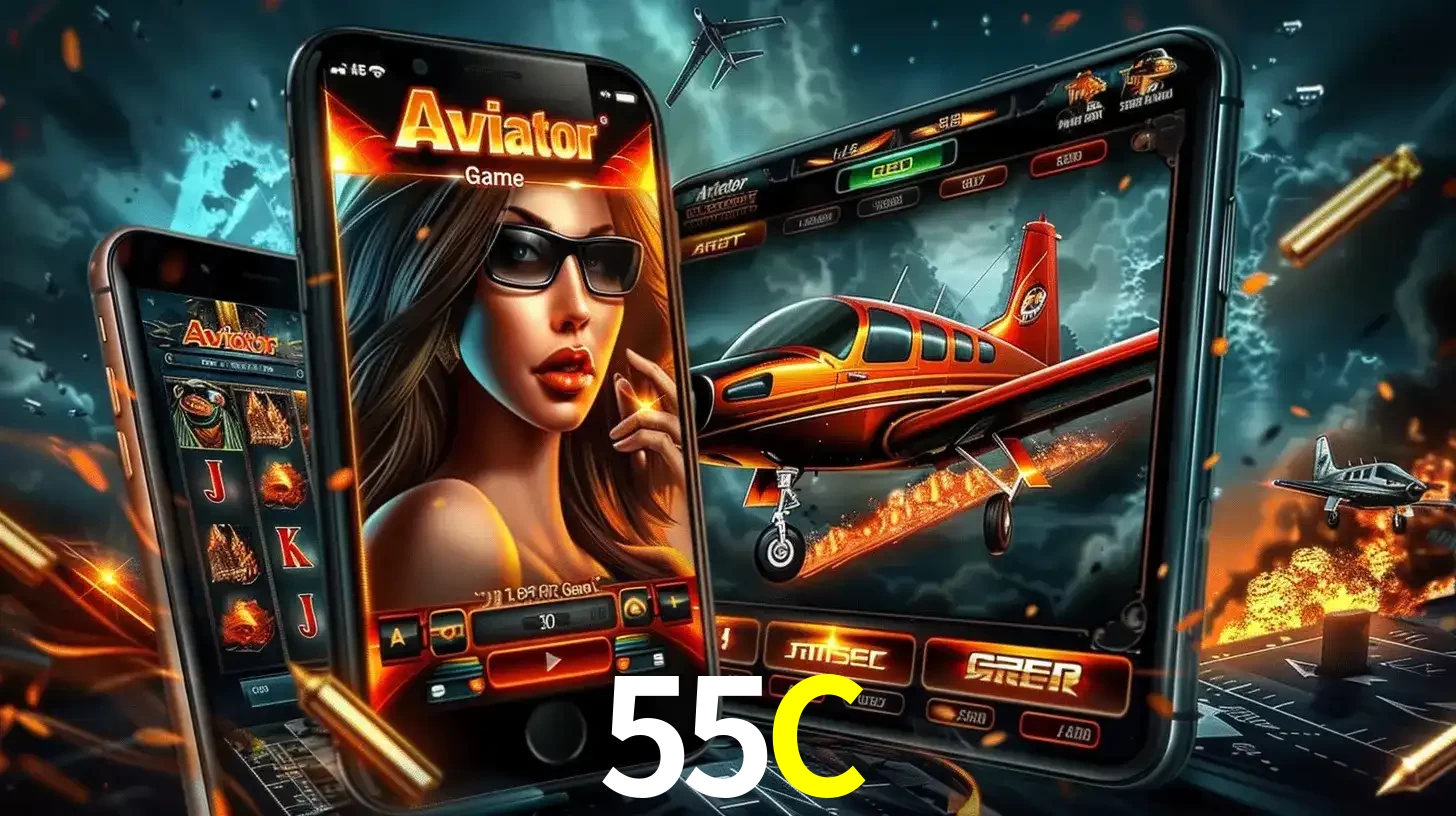 O popular jogo de apostas Aviator exibido em vários celulares e tablets, mostrando a interface emocionante e a ação de voo disponíveis para jogar agora no 55C.