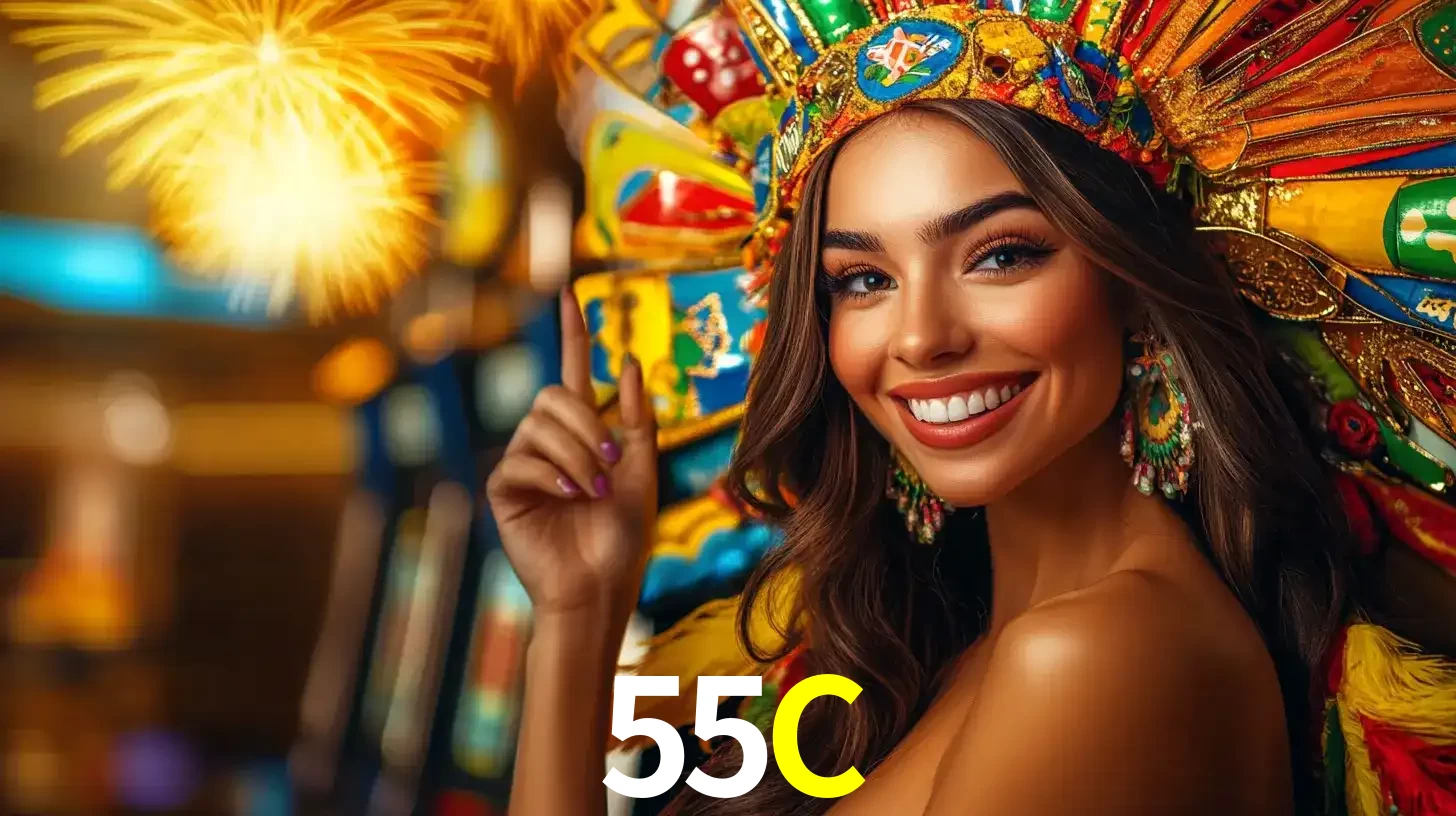 Mulher sorridente com um cocar de carnaval vibrante e colorido, celebrando uma grande vitória nos jogos do cassino 55C com fogos de artifício ao fundo.