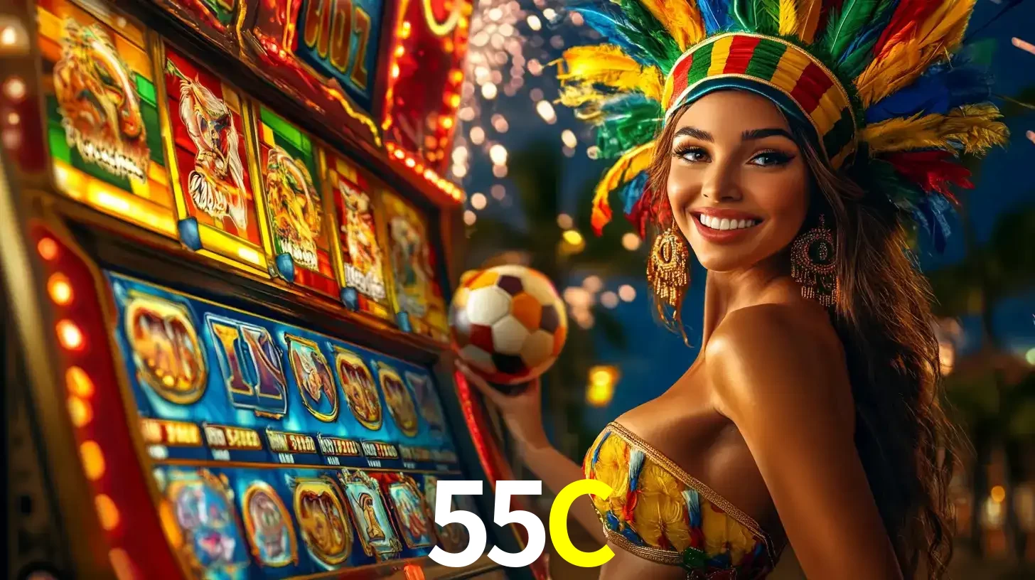 Mulher com um cocar de carnaval ao lado de uma máquina de caça-níqueis enquanto segura uma bola de futebol, mostrando a união da diversão de cassino e esportes no 55C.