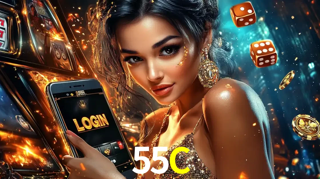 Mulher glamourosa segurando um celular com a tela de login do cassino 55C, rodeada por dados e moedas douradas, pronta para começar a diversão.