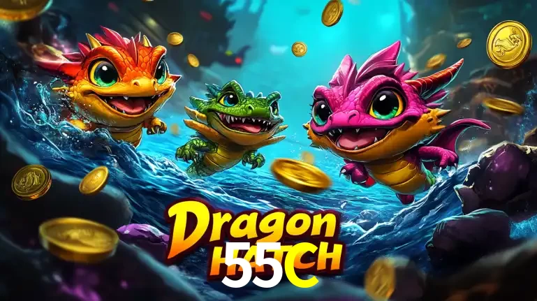 Arte promocional do jogo Dragon Hatch com três adoráveis dragões bebês nadando entre moedas de ouro, um dos slots mais divertidos para jogar no cassino 55C.