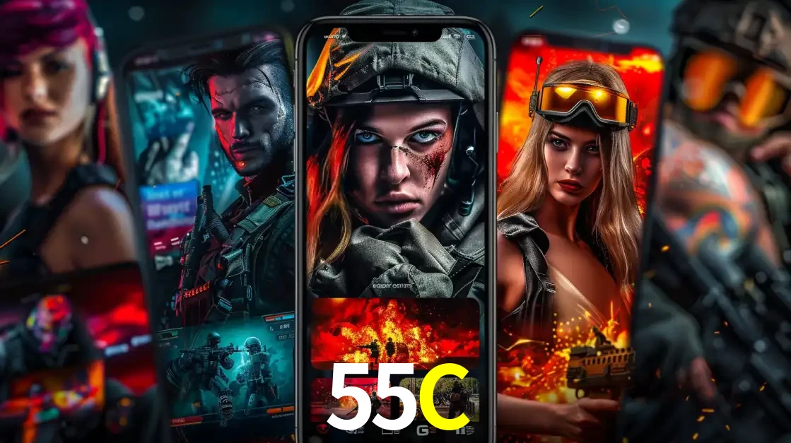 Montagem de telas de celular mostrando diversos personagens, masculinos e femininos, de um jogo de tiro, ilustrando a diversidade de equipes de e-sports para apostar no 55C.