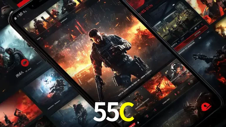 Tela de um celular exibindo uma galeria de jogos de tiro com temática militar, mostrando a variedade de e-sports disponíveis para apostas na plataforma de entretenimento 55C.