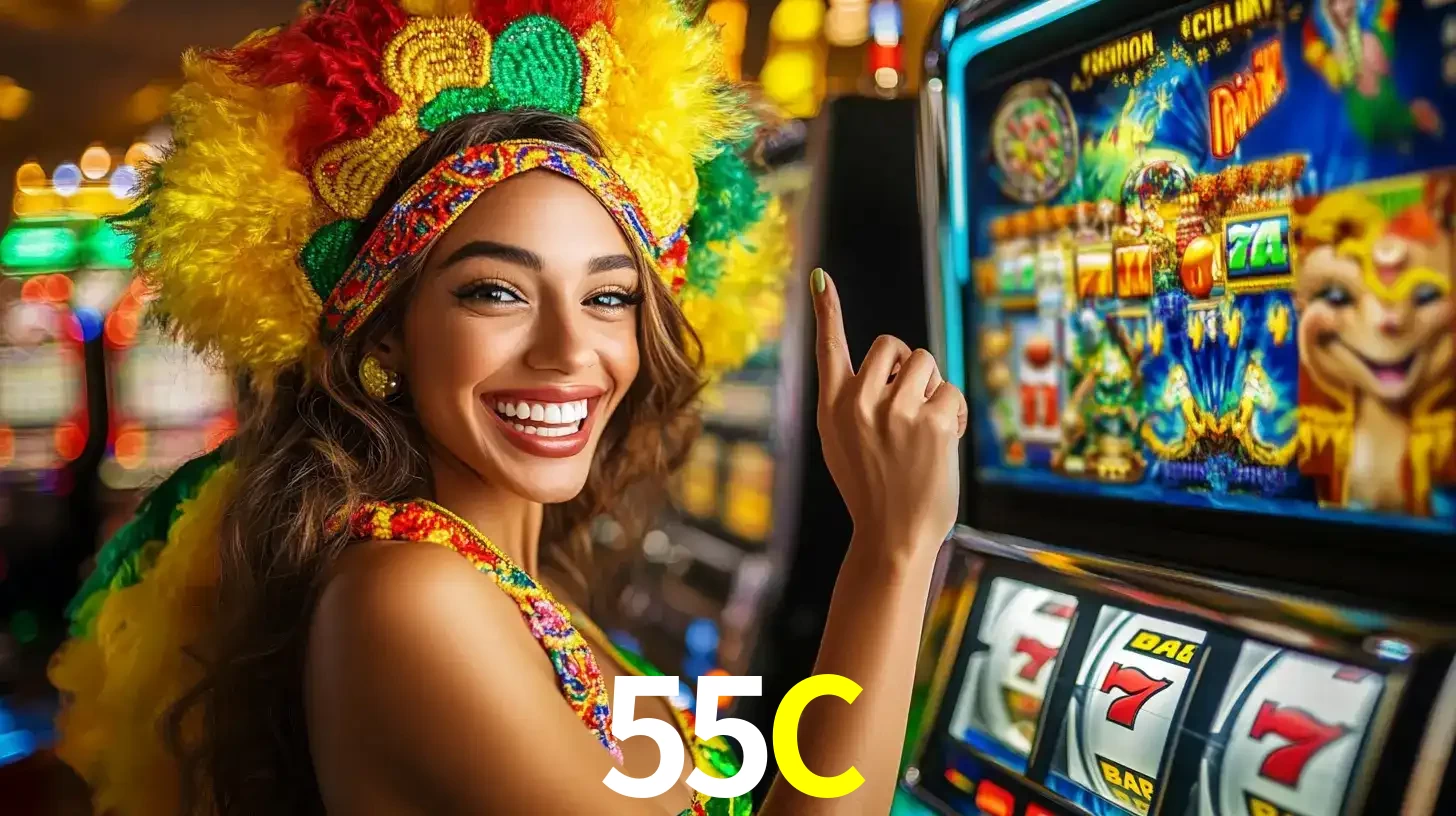 Mulher animada com um cocar de carnaval apontando para uma máquina de caça-níqueis, mostrando a emoção de ganhar um grande prêmio nos jogos do 55C.