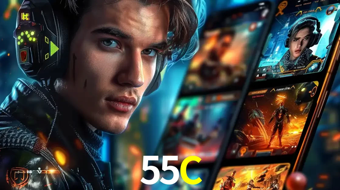 Jovem jogador com fones de ouvido olhando para a câmera, com um aplicativo de jogos e e-sports para celular ao fundo, pronto para a competição e apostas no 55C.