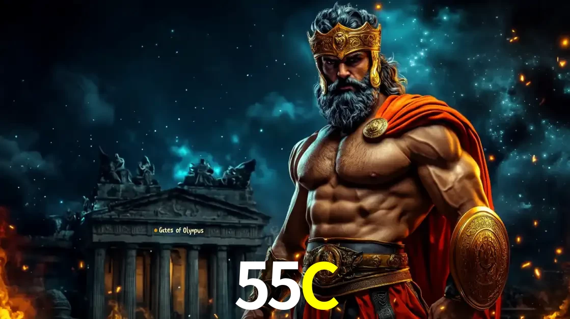 O poderoso Zeus do jogo de slot Gates of Olympus em frente ao seu templo, pronto para lançar multiplicadores divinos e prêmios épicos no cassino online 55C.