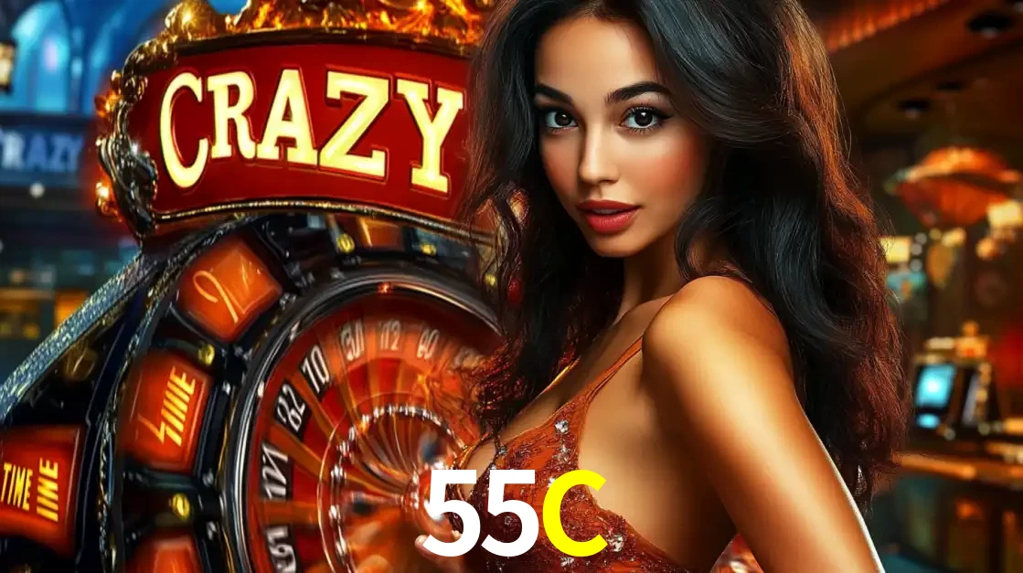 Mulher glamourosa olhando para a câmera com a roda vermelha do Crazy Time ao fundo em um ambiente de cassino, destacando a emoção dos jogos ao vivo no 55C.