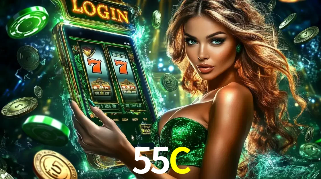Mulher com tema verde apresentando o aplicativo do cassino 55C com um jogo de slot de 777, cercada por fichas de cassino e uma aura de sorte.