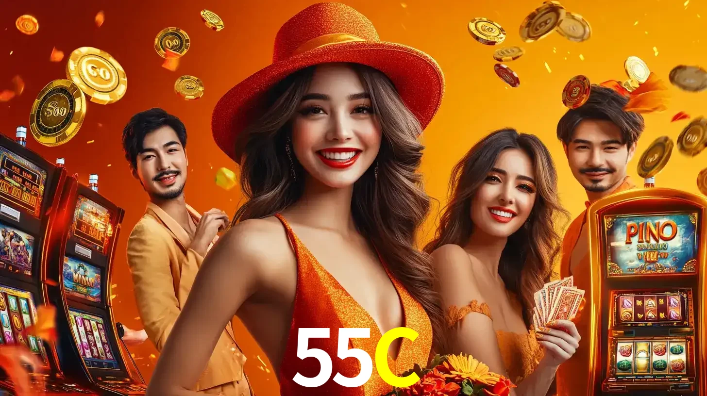 Grupo de amigos asiáticos sorrindo e se divertindo com máquinas de caça-níqueis em um ambiente festivo, celebrando suas vitórias nos jogos de cassino do 55C.