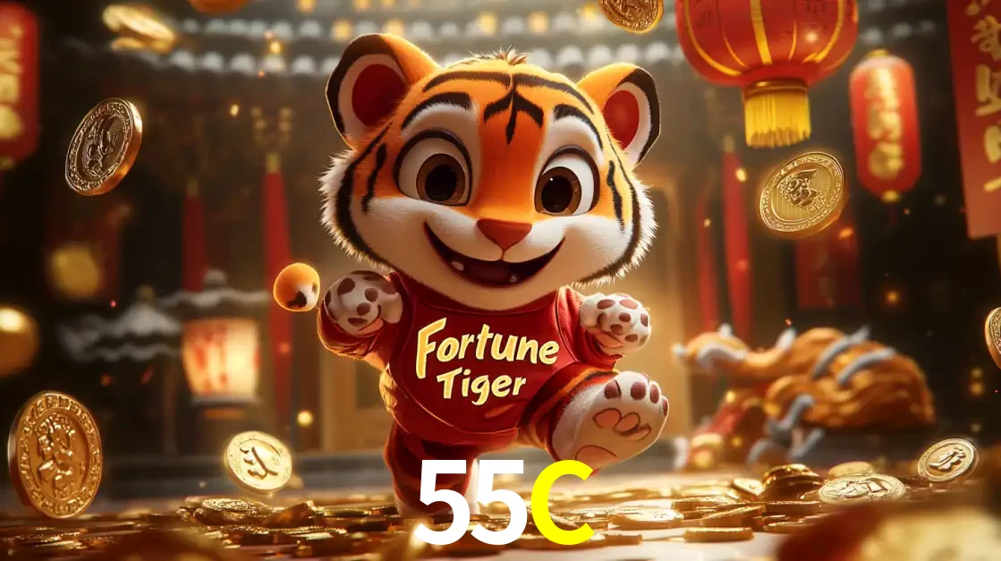 O alegre personagem do Fortune Tiger correndo sobre um caminho de moedas de ouro, simbolizando os grandes prêmios e a diversão do popular jogo de slot do 55C.