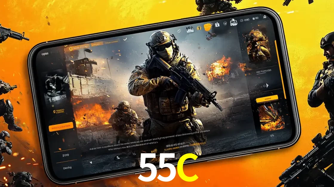 Um smartphone exibindo a interface de um jogo de tiro em primeira pessoa, com um soldado em um cenário de batalha, representando a ação dos e-sports para apostar no 55C.