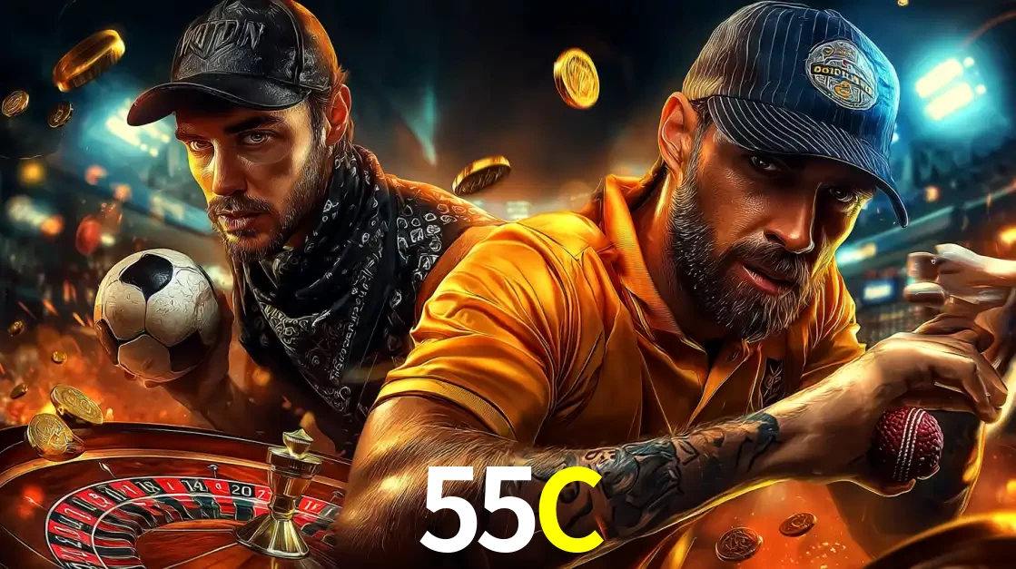 Montagem de apostas esportivas e cassino no 55C, com um homem segurando uma bola de futebol e outro uma de beisebol sobre uma roleta e moedas voadoras.