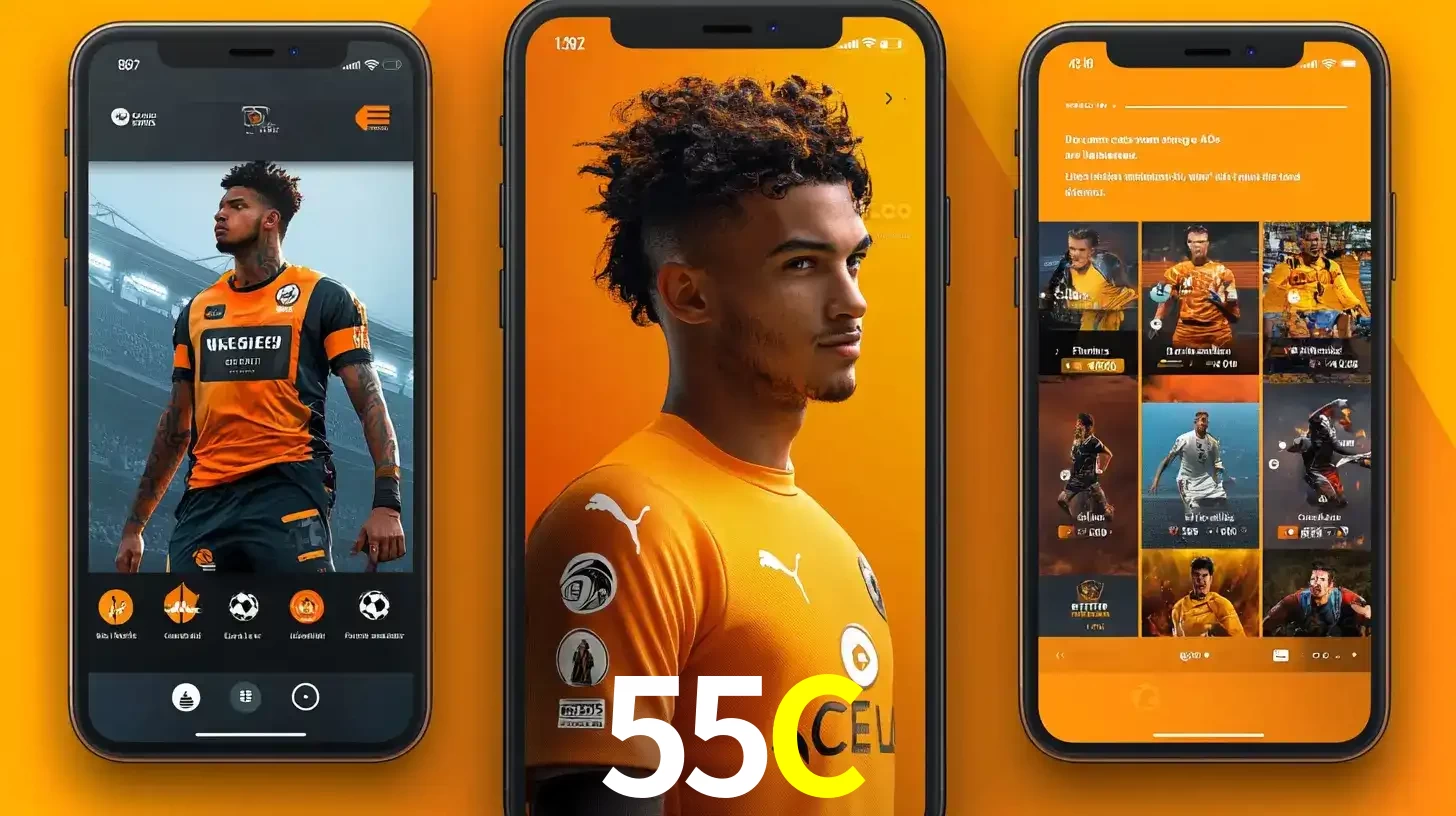 Interface do aplicativo de apostas esportivas 55C em três telas de celular, mostrando o perfil de um jogador de futebol e a lista de jogos disponíveis para apostar.