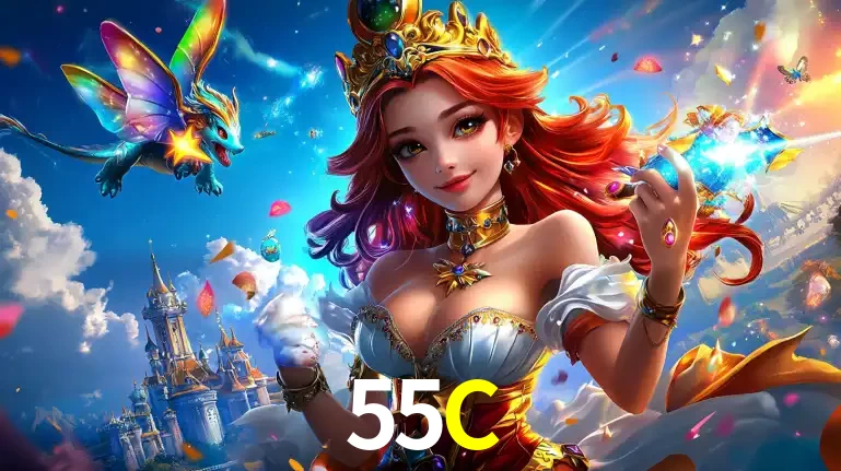 A princesa de um reino de fantasia mágico, com seu pequeno dragão, apresentando um mundo de prêmios encantados nos jogos de caça-níqueis do cassino 55C.