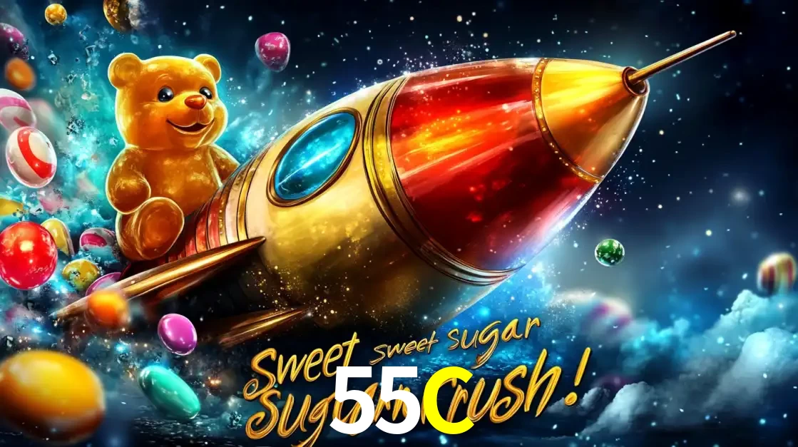 Arte promocional do jogo de slot Sugar Rush, com um urso de pelúcia em um foguete viajando pelo espaço de doces, um dos jogos divertidos disponíveis no cassino 55C.