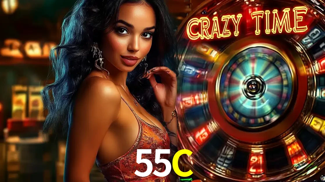 Mulher elegante ao lado da vibrante roda da fortuna do jogo de cassino ao vivo Crazy Time, um dos game shows mais populares e cheios de prêmios do 55C.