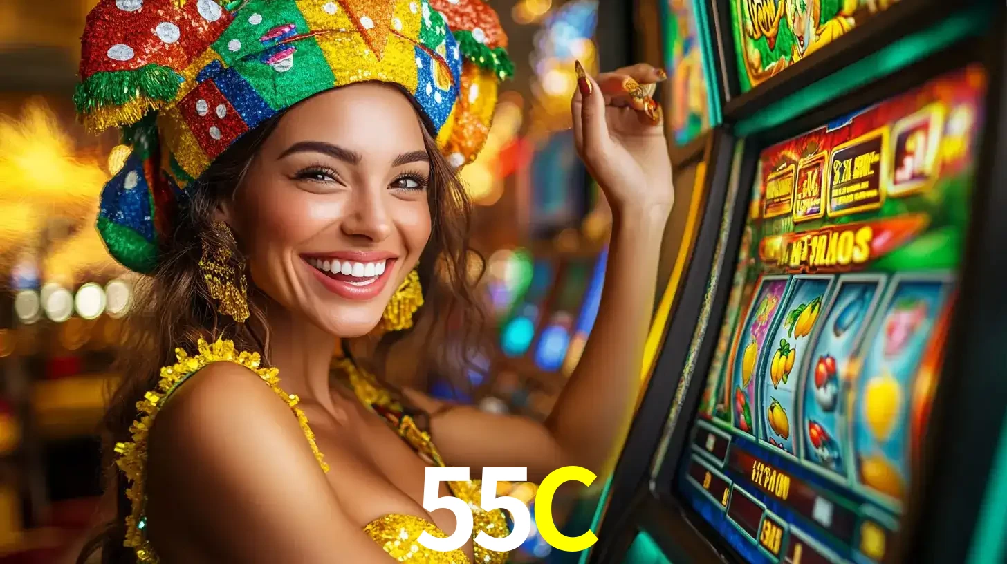 Mulher feliz com traje de carnaval amarelo e colorido ao lado de uma máquina de caça-níqueis, aproveitando a diversão e os jogos temáticos do cassino 55C.