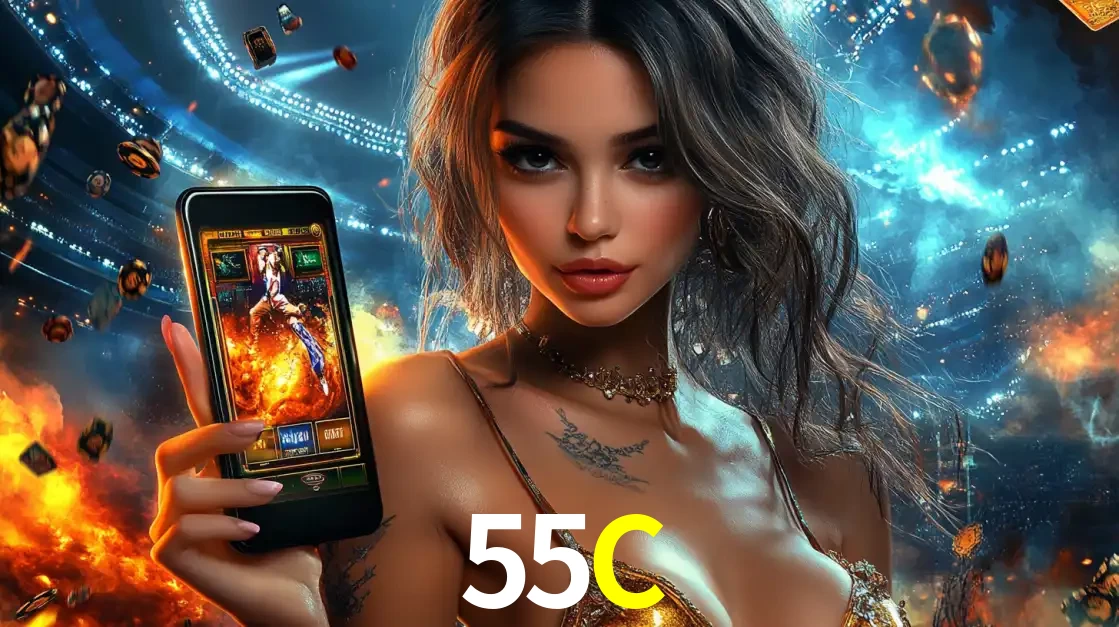 Mulher segurando um celular com um jogo de slot em destaque, tendo como fundo um estádio vibrante, simbolizando a emoção de jogar no cassino móvel 55C.
