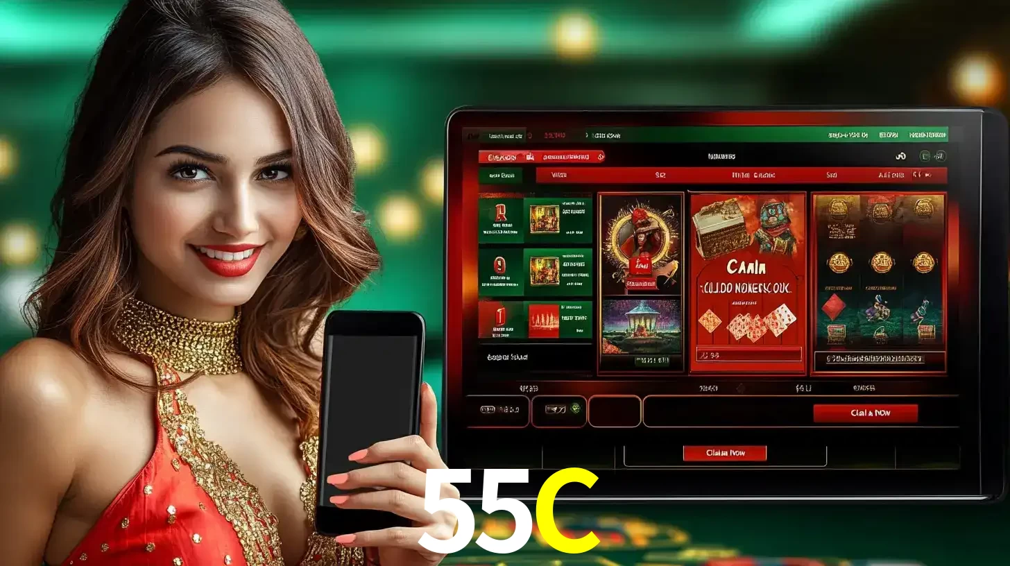 Mulher sorridente segurando um smartphone, ao lado de uma tela exibindo o lobby de jogos do cassino online 55C, com várias opções de jogos de cartas e slots.